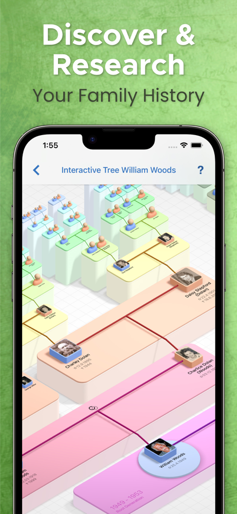 MobileFamilyTree 10 - Visualização interativa de árvore genealógica 3D no aplicativo MobileFamilyTree 10 mostrando gerações e relacionamentos.