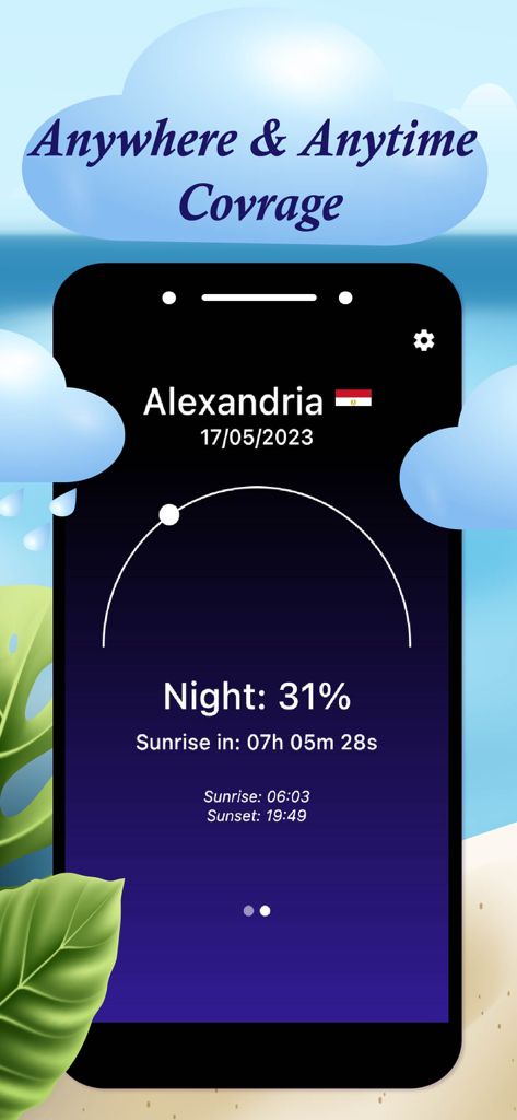 Weather app interface showing sunrise and sunset times for Alexandria Egypt