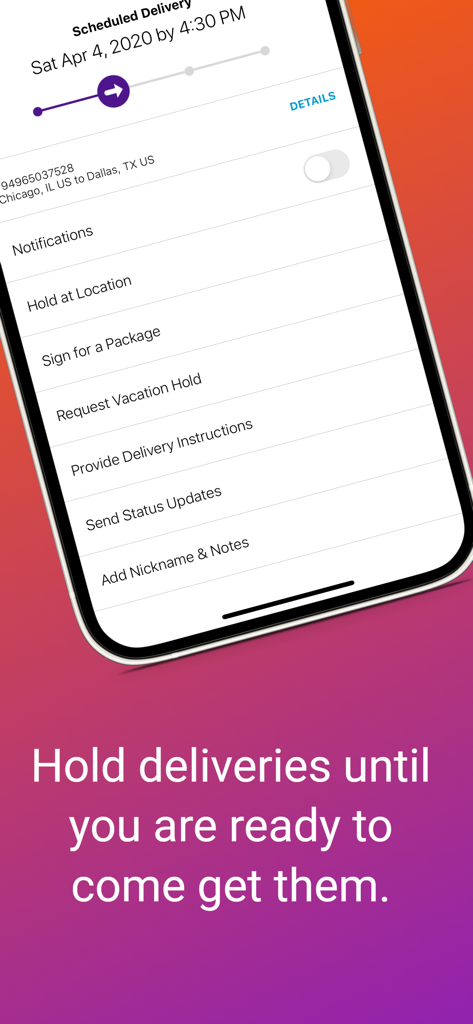 Interface of the FedEx Mobile app showing delivery management options including vacation hold and hold at location