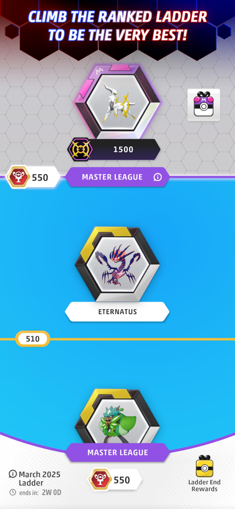 Interfaz de la escalera competitiva clasificada en Pokémon TCG Live mostrando el progreso de la Liga Master e íconos de clasificación.