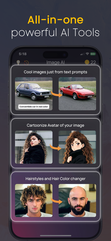 AI Photo Editor : ImageAI - Interface d'application mobile montrant des fonctionnalités IA telles que la conversion de texte en image, les avatars cartoon et le changement de coiffure