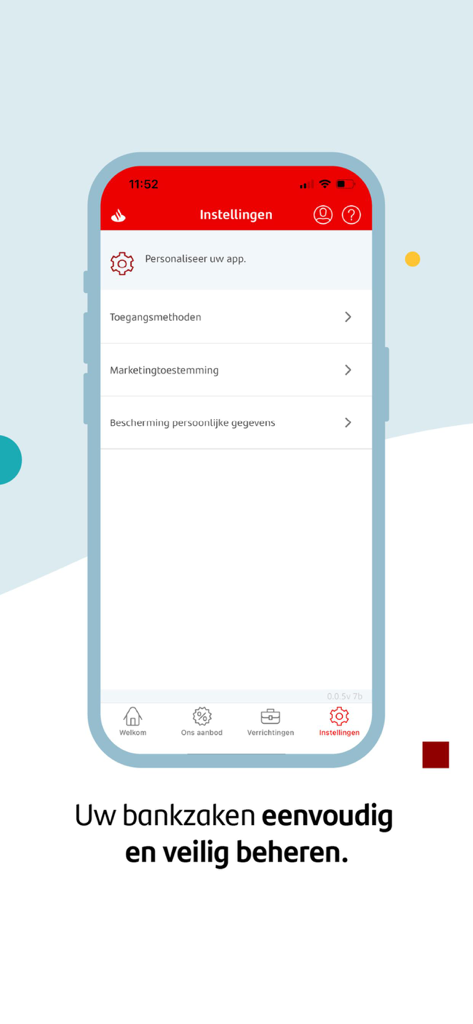 Santander Consumer Bank NL - Settings screen of the Santander Consumer Bank NL mobile app showing security and privacy options