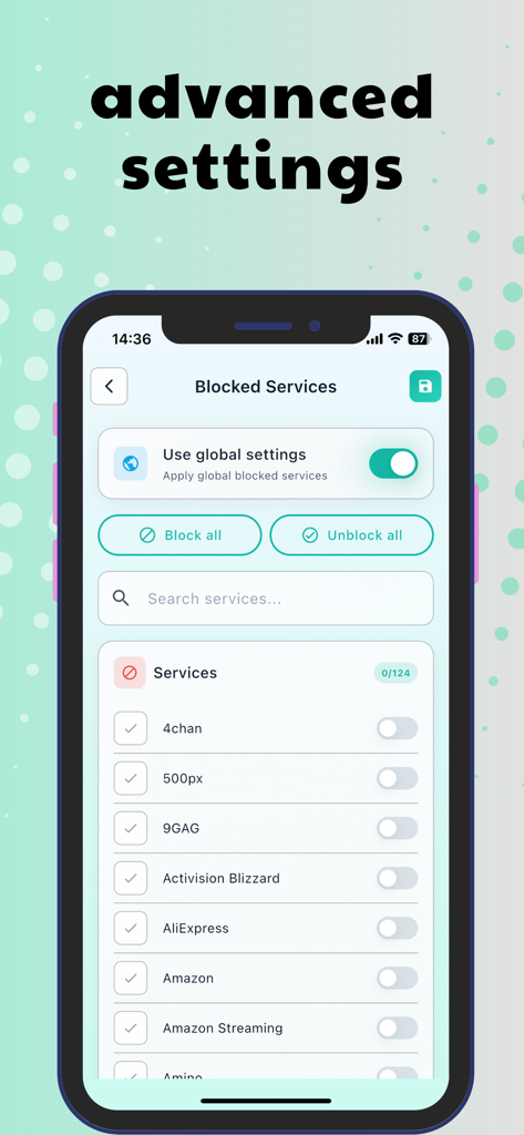 Ad blocker: Urka - Secure DNS - Menu de configurações avançadas mostrando uma lista de serviços bloqueados no aplicativo Urka