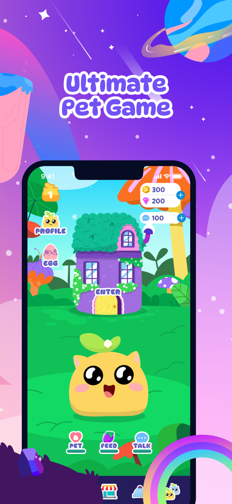 AI Companion Talking Pet - Emy - Interface of the Emy AI companion talking pet game featuring a cute yellow character