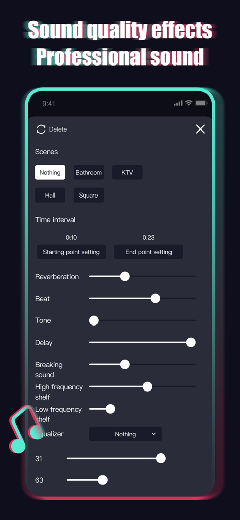 Audio Editor Ringtone Maker - Interface do aplicativo móvel mostrando efeitos de som de qualidade profissional, incluindo tom de reverberação e controles deslizantes do equalizador