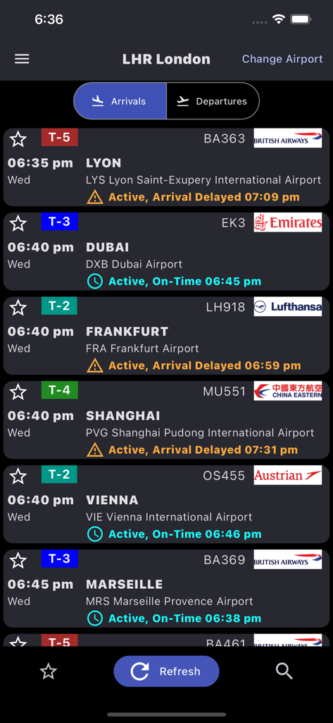 Malaga Airport: Flight Info - Mobile App-Oberfläche mit einer Liste von Flugankünften mit Status-Updates und Terminal-Informationen