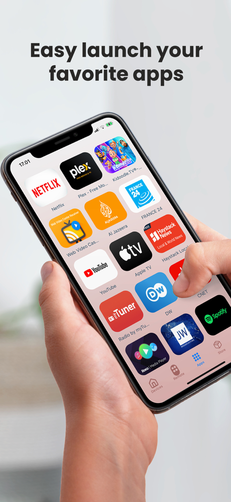 Interface do aplicativo Remote for TCL Roku em um iPhone mostrando aplicativos de streaming favoritos para navegação fácil