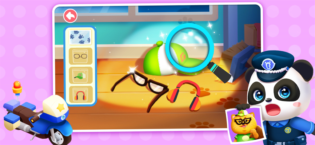 Baby Panda's Town: Life - Baby Panda police officer using a magnifying glass to find hidden items and clues in a detective game