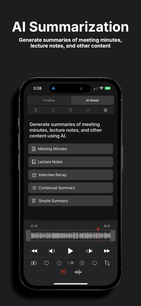 SoriNote PRO: Voice Recorder - SoriNote PRO mobile app interface showing AI summarization options for meeting minutes and lecture notes