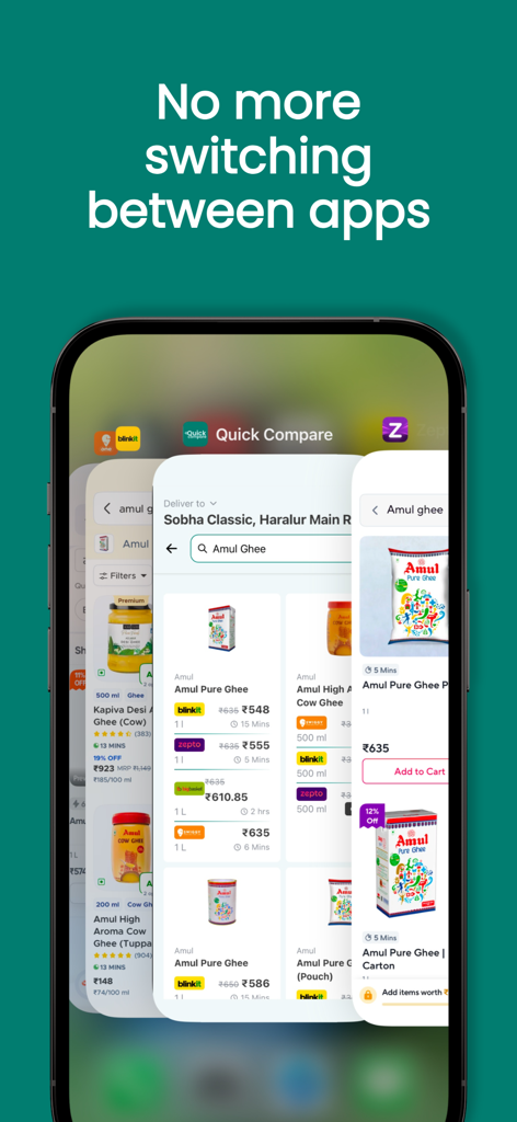 Quick Compare App - Quick Compare app interface showing grocery price comparisons across multiple delivery platforms like Blinkit, Zepto, and Swiggy