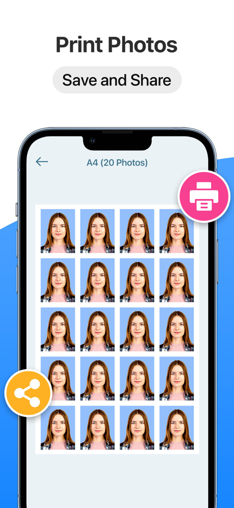 Passport Size Photo Maker App - Mobile app interface showing a sheet of twenty passport size photos ready for printing and sharing