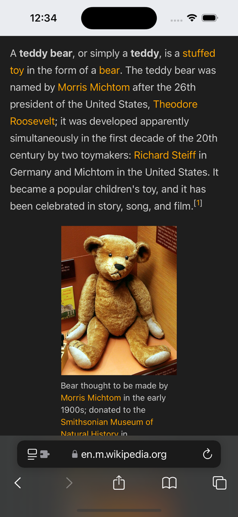 DarkReader Web - Página de Wikipedia mostrada en modo oscuro usando la extensión DarkReader Web en un iPhone.
