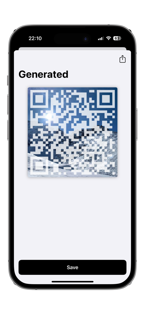 My QR - Capture d'écran iPhone de l'application My QR affichant un code QR personnalisé généré avec un arrière-plan de montagne pittoresque et un bouton d'enregistrement.