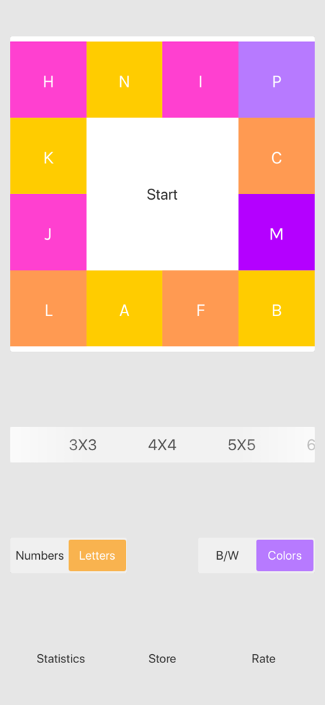 Schulte - Attention training - Interfaz de la aplicación de entrenamiento Schulte con una colorida cuadrícula de letras y configuraciones del juego