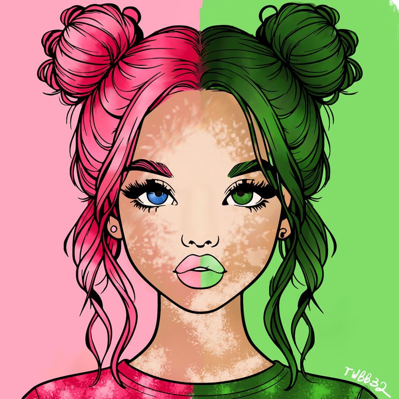 realistic girl with two buns in hair and lips