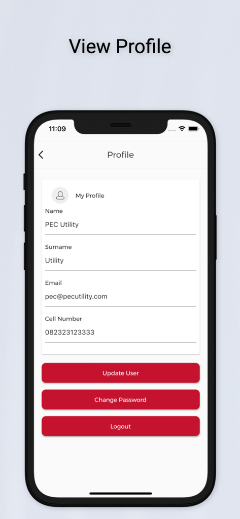 PEC Utility Management mobile app user profile screen showing account details and settings buttons