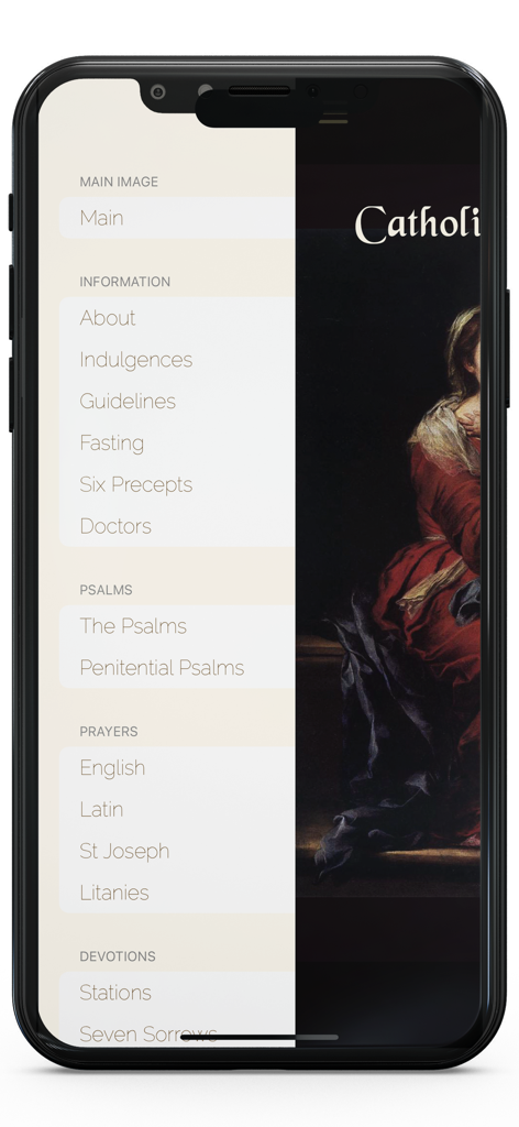가톨릭 기도 시편 및 신심 섹션을 보여주는 PrayersPlus 앱의 메인 메뉴