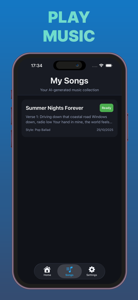Una captura de pantalla de la pantalla Mis canciones en la aplicación creadora de música con IA que muestra una lista de pistas generadas, incluida una balada pop titulada Summer Nights Forever.