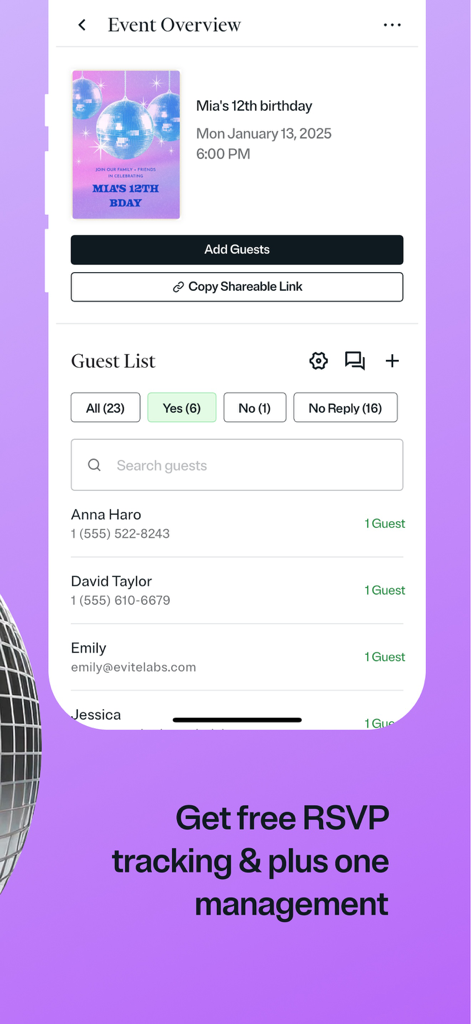 Evite: Party Invitation Maker - Evite app screen showing event overview and guest list for a birthday party with RSVP tracking and plus-one management.