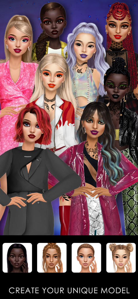 GLAMM’D - Fashion Game - A group of diverse virtual models with different hairstyles and skin tones showcasing various fashion styles in the GLAMM'D mobile game.