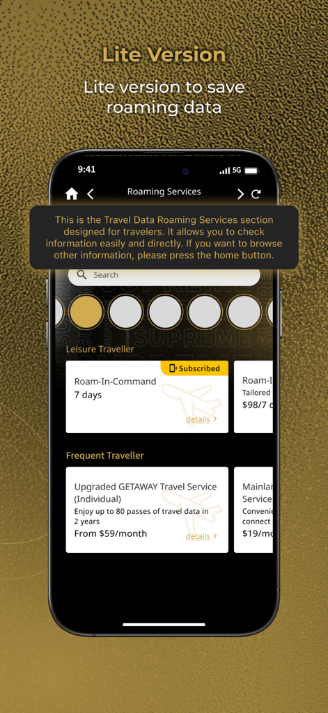 SUPREME from HTHK - SUPREME from HTHK app lite version roaming services screen showing data plans for leisure and frequent travelers