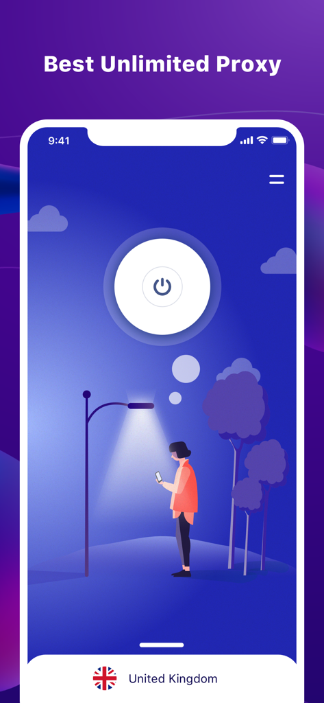 Interfaz de la aplicación VPN Proxy Master que muestra un gran botón de encendido para conexión de un toque y selección de servidor del Reino Unido.