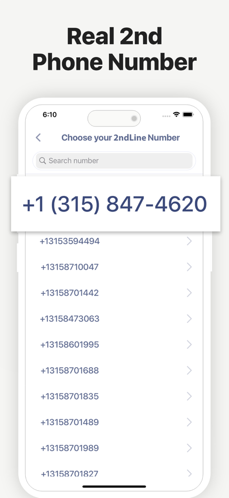 2nd Line - Second phone number - Une interface d'application mobile affichant une liste de vrais numéros de téléphone américains à choisir comme deuxième ligne.