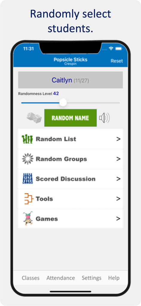 Popsicle Sticks Unlimited app interface showing a random student selector and classroom management menu