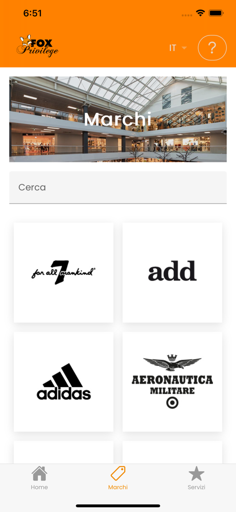 FoxPrivilege - FoxPrivilege app brands directory showing logos for Adidas and Aeronautica Militare at FoxTown Factory Stores