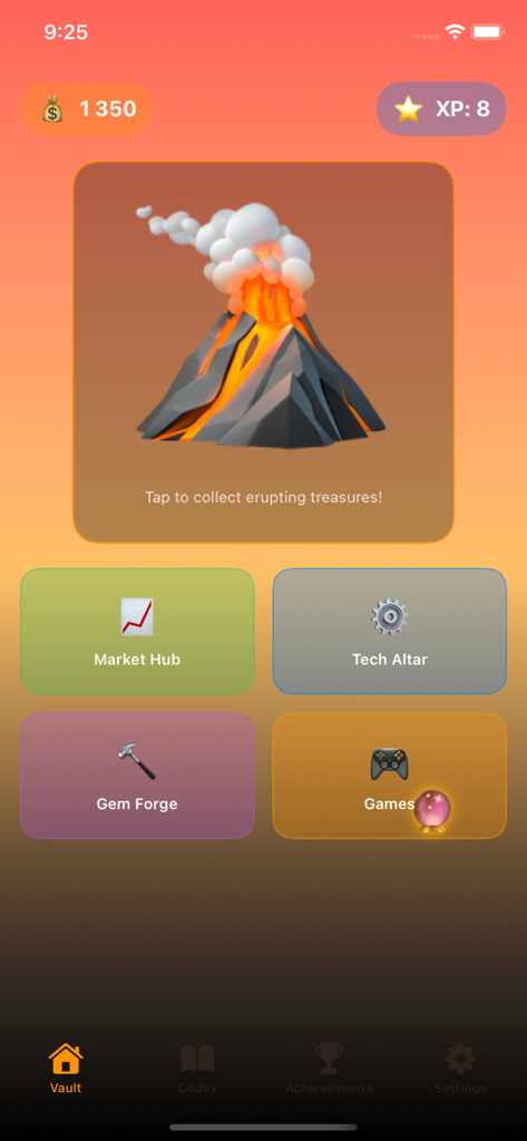 Volcano Vault: Erupting Riches - Interfaz principal de la bóveda de la aplicación Volcano Vault que muestra un volcán humeante y botones del menú del juego.