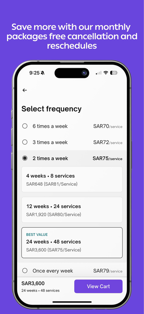 Yammak - يمك (UrbanCo KSA) - Yammak app screen for selecting service frequency and monthly subscription packages