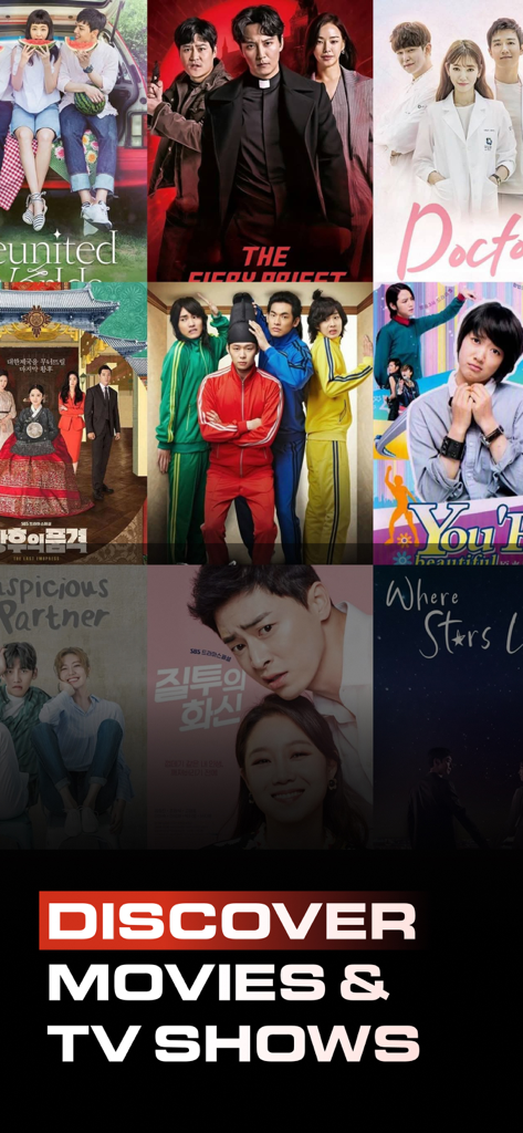 Uma grade de pôsteres de vários filmes e séries com uma sobreposição de texto que diz Descubra Filmes e Séries.