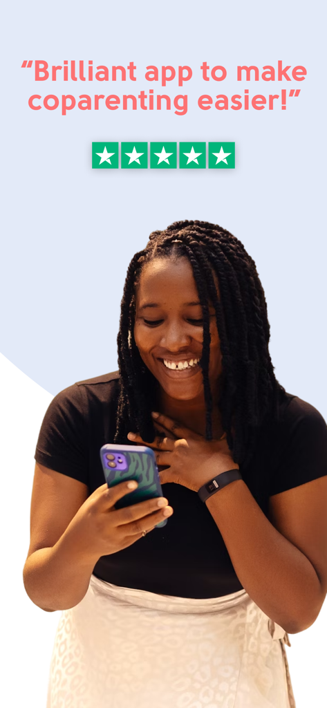 amicable - co-parent planner - A happy mother using the amicable co-parenting app with a five star review