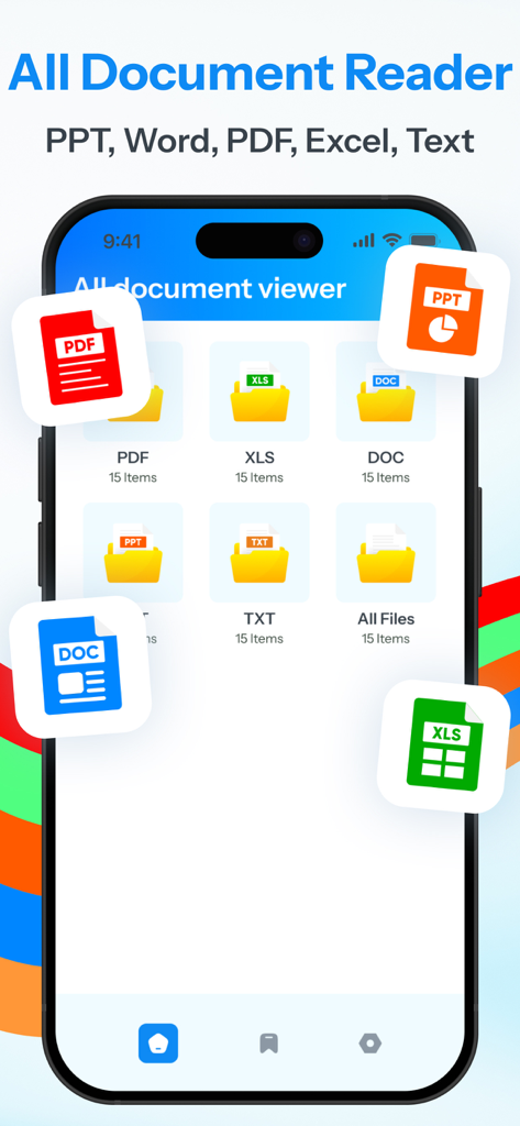 All Document Reader: PDF, Word - PDF、Word、Excel、PPTファイル用の整理されたフォルダを表示するモバイルアプリのダッシュボード