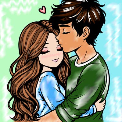 a realistic couple boy and girl hugging and kissing