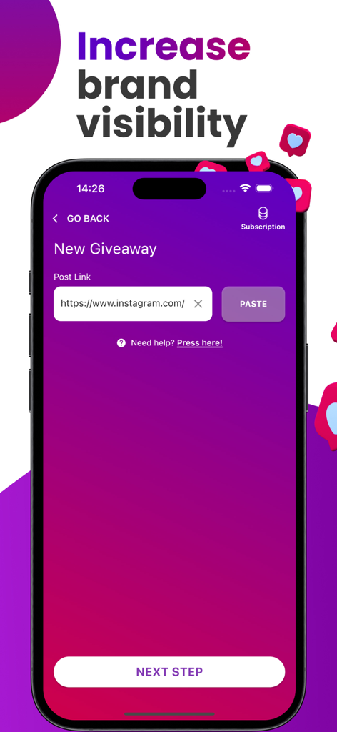 Giveaway for Instagram Post - 投稿リンクを貼り付けて新しいInstagramプレゼント企画を開始するためのモバイルアプリインターフェース