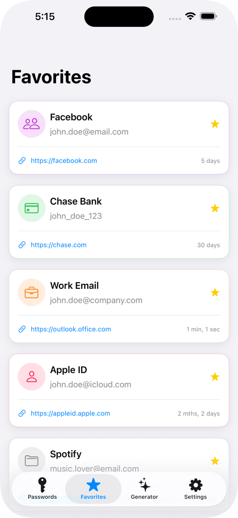The Favorites screen of the PassVault app showing a list of starred login credentials for services like Facebook and Chase Bank.
