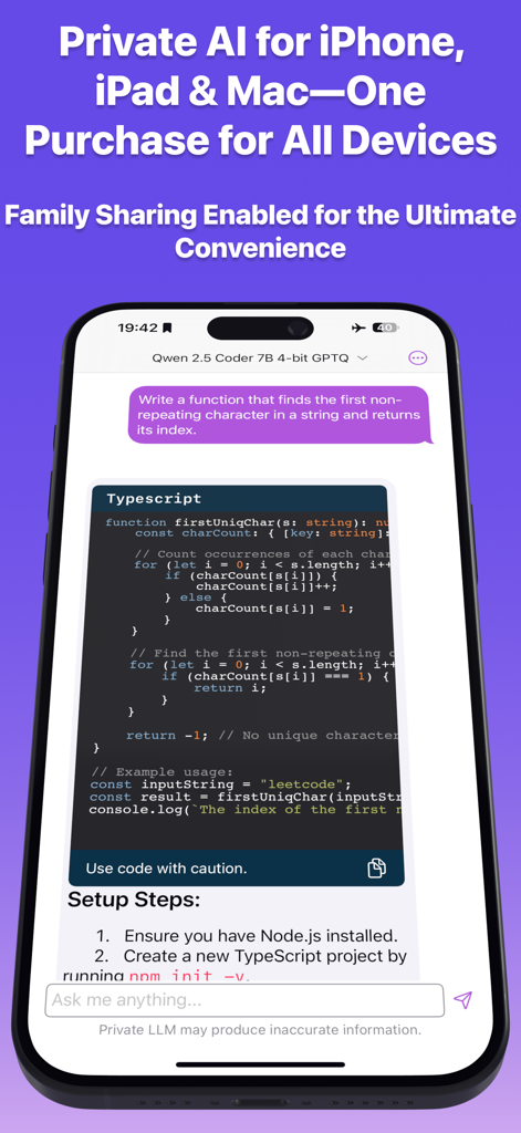 Local AI chat interface on iPhone showing TypeScript code generation for a developer.