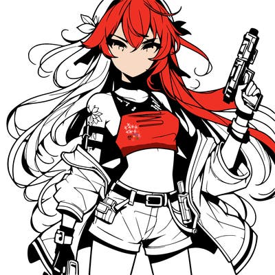bad girl wearing crop top holding a gun long hair anime