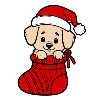 cute puppy wearing santa hat in socking