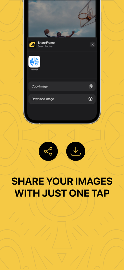 Oberfläche von Frame Grabber, die die Optionen zum Teilen und Herunterladen eines aufgenommenen Videoframes eines Basketballspielers anzeigt.