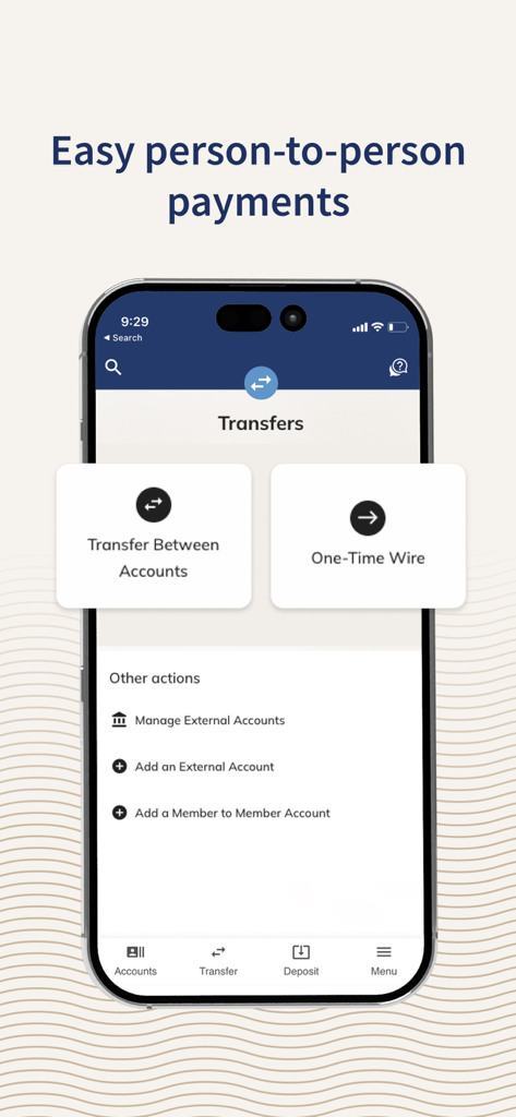 SDFCU Digital Banking - SDFCU app interface showing transfer options including account transfers and one-time wires