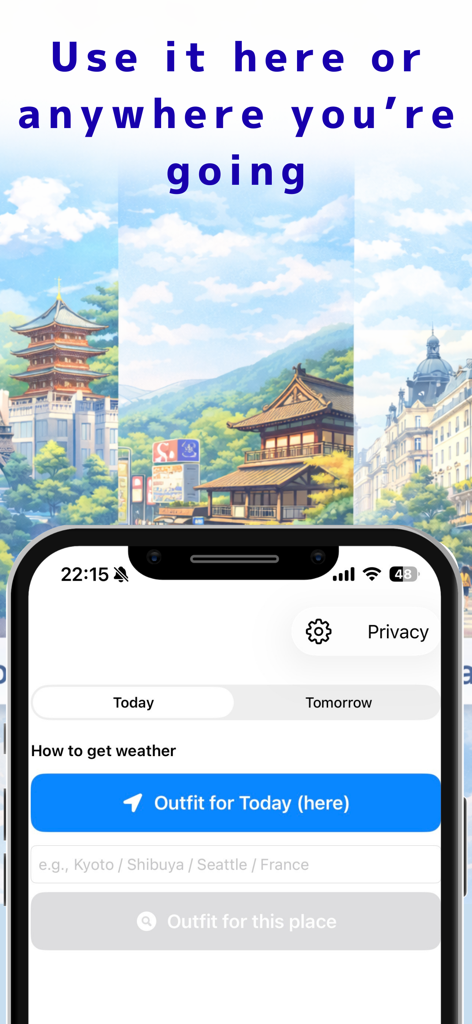 Weather Outfit Guide app interface for selecting a location and getting daily outfit suggestions.