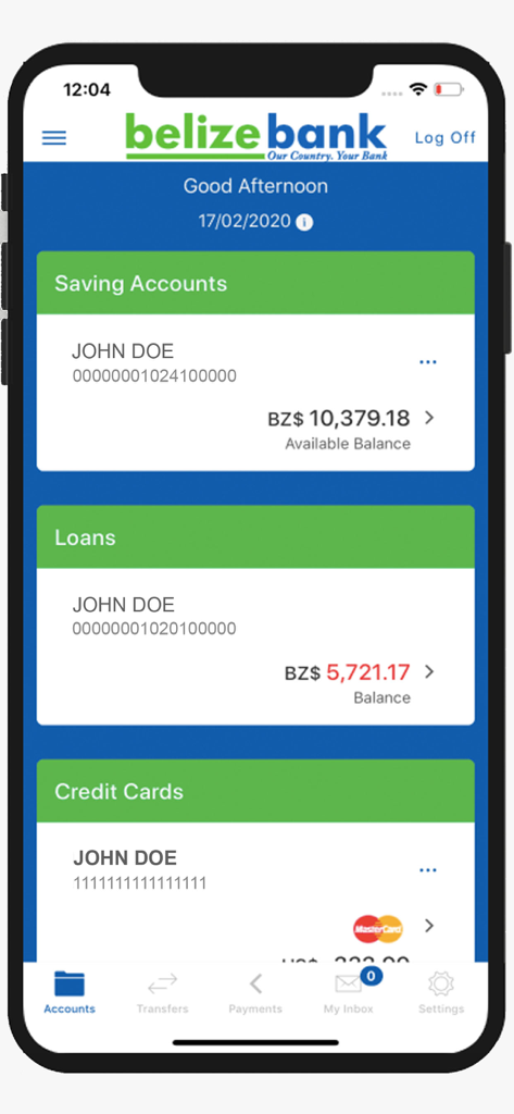 Belize Bank Mobile Banking - Belize Bank mobile app dashboard screen showing savings account loan and credit card details