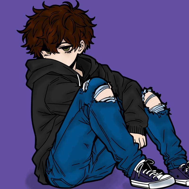 a male hoddie ripped jeans messy hair anime