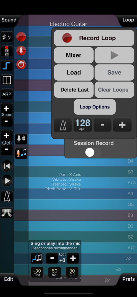ThumbJam - Interfaz de la aplicación ThumbJam que muestra el menú de grabación de loops y la pantalla del instrumento de guitarra eléctrica.