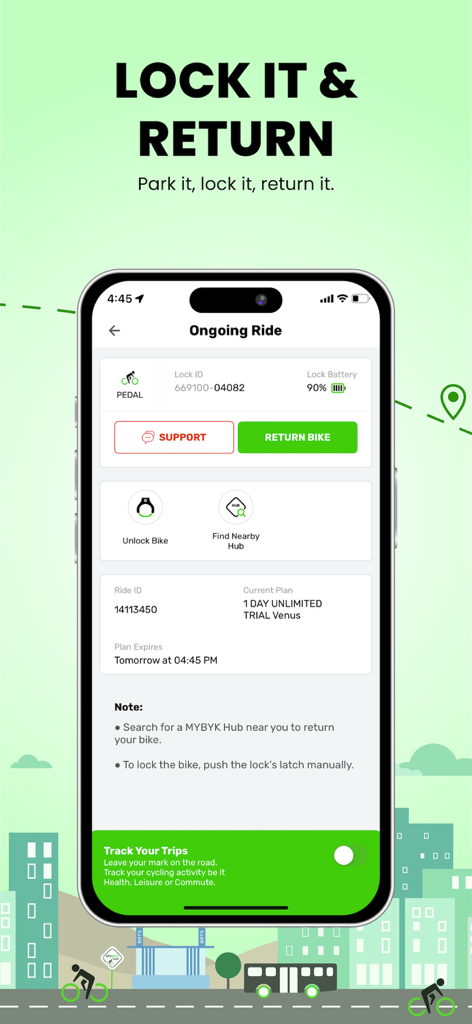 MYBYK - Pedal & EBike Rental - MYBYKアプリのインターフェース。自転車を返却するボタンとプランの詳細が表示されている、進行中のライド画面を表示しています。