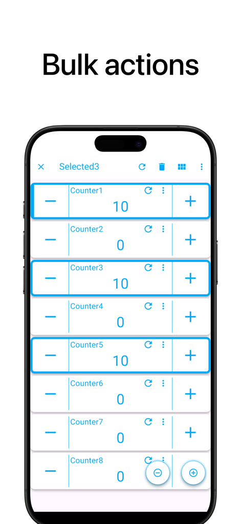 Smart Counter app interface showing bulk actions with several selected tally counters