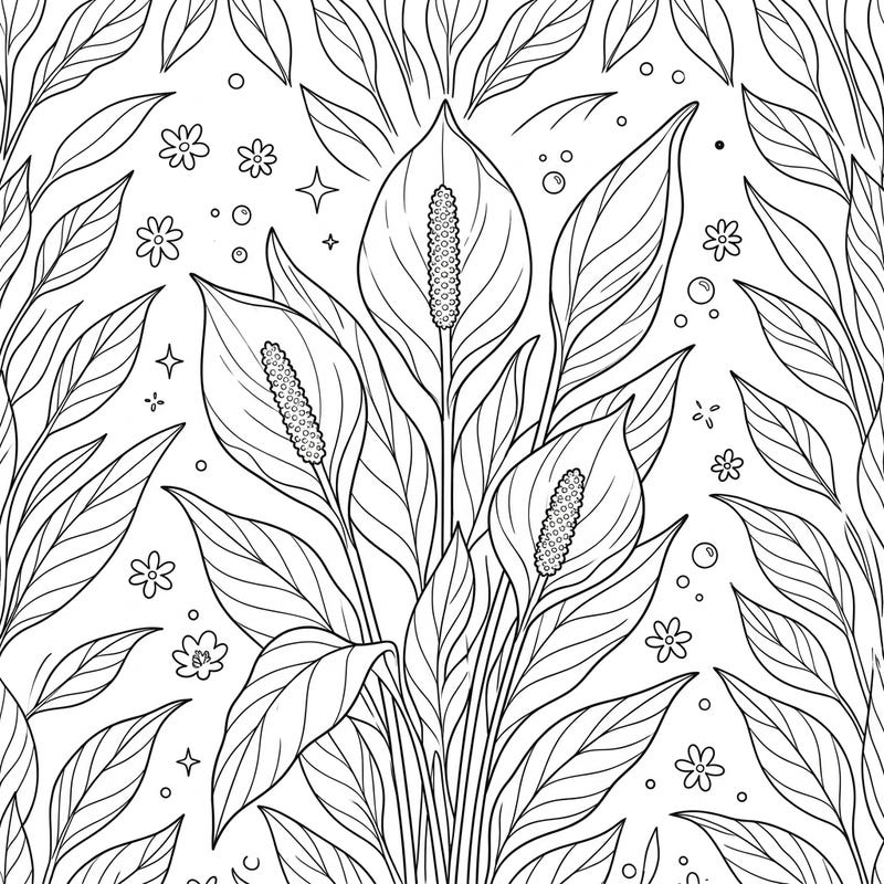 Bring these beautiful Peace Lilies to life with a splash of color! This charming coloring page, designed especially for kids, features graceful flowers amidst a fun pattern of leaves and tiny blooms.