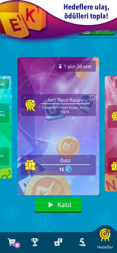 Interface de l'application Kelimelik affichant les objectifs du jeu et les récompenses pour les victoires rapides.